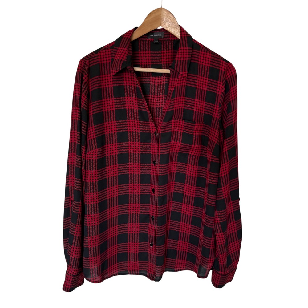 The Limited Plaid Button‎ Down Women Large Red Black Excellent Roll Tab Sleeve